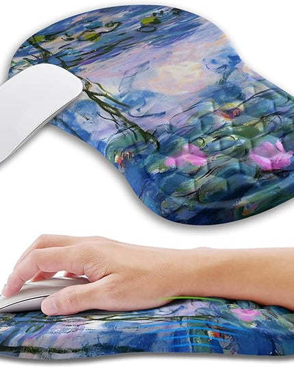 Ergonomic Mouse Pad Wrist Support with Memory Foam Massage Bulge, Carpal Tunnel Pain Relief Mousepad Wrist Rest for Mouse(12x8 inch, Lotus Pond)