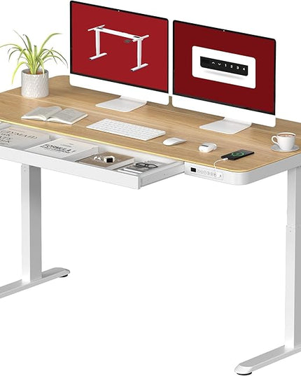 Standing Desk with Drawer, Electric Height Adjustable Home Office Desk with Storage & USB Ports, 55 inch Maple Wood Tabletop/White Frame