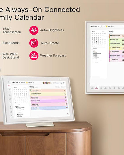 15.6 Inch Digital Calendar, Full HD Touchscreen Smart Planner for Family Schedules - Wall & Desk Mount, Great for Seamless Daily Planning & Household Organization, with LED Reminder Light