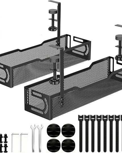 2Pack Under Desk Cable Management Tray, No Drill Mesh Desk Cable Tray, Wire Management Tray Cable Management Rack, Wire Organizer and Cable Management Box (Black)