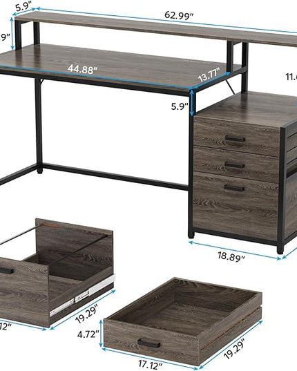 Tribesigns 63 Inch Computer Desk with File Drawer Cabinet, Ergonomic Office Desk with Monitor Stand, Industrial Computer Table with Printer Space, Wood PC Table Workstation Desk for Home Office