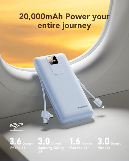 charmast 20000mAh Portable Charger with Built-in Cables & Wall Plug, 20W USB C Power Bank, Fast Charging Battery Pack Travel Essentials Compatible with iPhone 16/15/14 Series, Samsung, Google, iPad