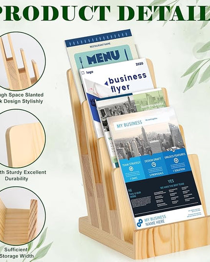 2 Pack 4 Tier Pine Wood Brochure Holder Stand 6 x 9 inch Literature Holder Flyer holder for 5.5 x 8.5 inch 5 x 7 inch Booklets Pamphlets Menus Magazines Multi Purpose Organizer