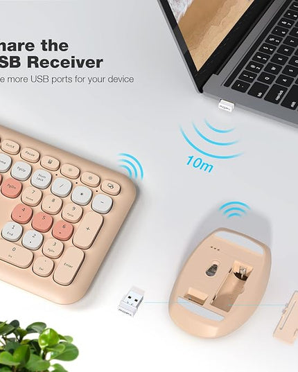 MOFII Wireless Keyboard Mouse Combo, Colorful Compact Full Size Wireless Keyboard and Mouse Set 2.4G Ultra-Thin Sleek Design for Windows, Computer, Desktop, PC, Notebook- Milk Tea Colorful