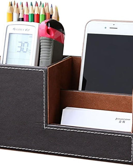 KINGFOM Desk Organizer Office Supplies Caddy Pu Leather Multi-function Storage Box Pen/Pencil,Cell phone, Business Name Cards Remote Control Holder Brown