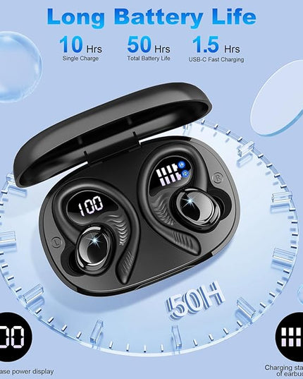 Wireless Earbuds Sport, New Bluetooth 5.4 Headphones with Earhooks, 50H Stereo Deep Bass Over Ear Buds with 4 ENC Noise Canceling Mics, IP7 Waterproof Earphones for Running Workout Gym -Black