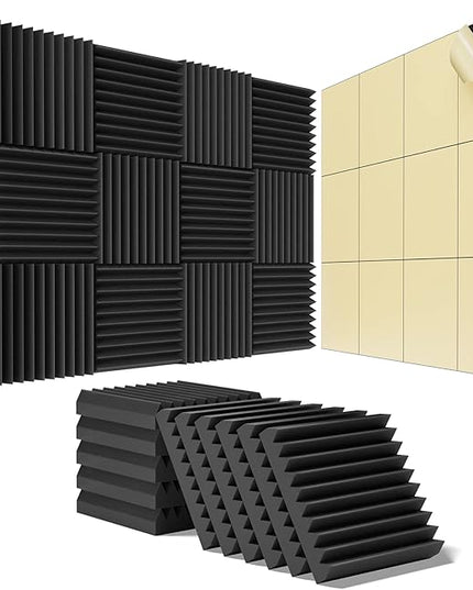 48 Pack Sound Proof Foam Panels for Walls,2" X 12" X 12"Self-Adhesive Foam Acoustic Panels Sound Absorbing,High Density Quick-Recovery Soundproof Wall Panels -Black