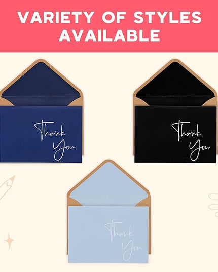 VNS Creations 20 Pack Thank You Cards With Envelopes, Stickers, 4x6 Inch Blank Thank You Notes - Bulk Box Set Large Notes for Graduation, Wedding, Small Business, Baby & Bridal Shower - Black