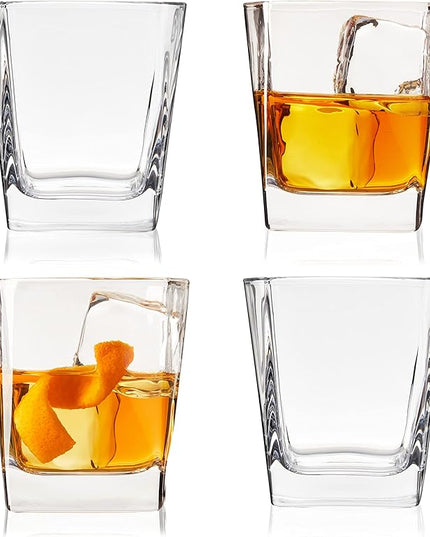 TRUE Square Rocks Glass, Old Fashioned Whiskey Glasses, Superb Drinking Cups for Cocktail Party, Home Bar, Bartender Accessories, Set of 4, 10 oz