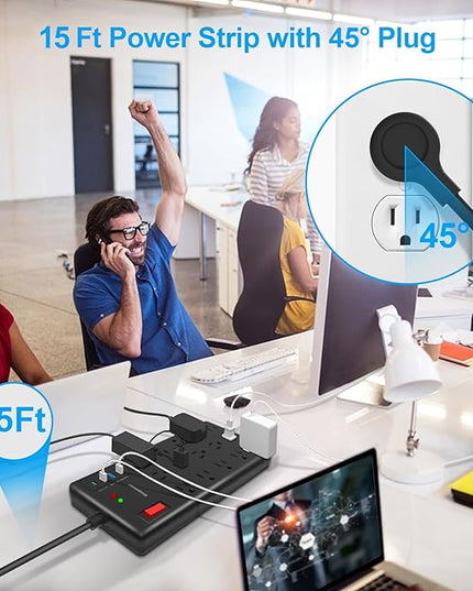 Surge Protector Power Strip 15 ft cord-15 Widely Spaced Outlets and 4 USB Ports(1 USB C Port),14 AWG Extension Cord,1875W/15A Heavy Duty Power Strip Surge Protector 15 ft Cord,2800J,Black