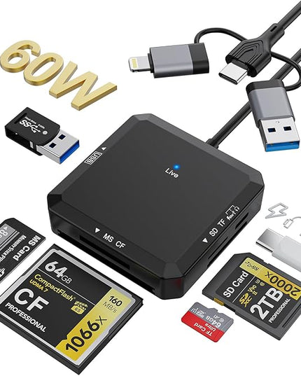 8-in-1 Multi Card Reader, USB-C USB-A Lightning 3-Port Connector to SD, TF, CF, MS, USBA, USBC, OTG SD Memory Card Reader Adapter for iPhone17/16/iPad/Android/Mac/PC with Windows/Mac/Linux/Chrome OS