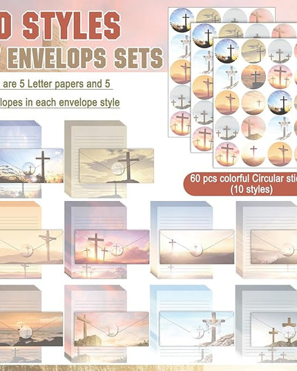 TaoBary 160 Pcs Stationery Paper Set 50 Double Sided Stationery Papers with 50 Matching Envelopes and 60 Round Dot Sticker, 10 Design(Religious Letter with Cross,8.5 x 11 Inch)