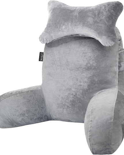 SLIGUY Reading Pillow for Sitting in Bed Couch Adult, Back Pillow with arm Support and Pockets, Adult Back Pillow Bed Chair for Bed Rest, Reading, Watching TV, Gaming for Boys and Girls Light Grey