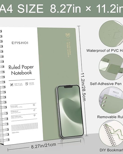 EMSHOI Lined Journal A4 Spiral Notebook, College Ruled Notebook, 300 Pages/150 Sheets, 100gsm Acid-Free Paper, Waterproof Softcover Notebook for School, Work, Writing, 8.27" × 11.2" - Light Green