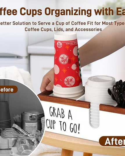 Intarsio 100% Wooden Coffee Cups Holder with U-Shape Cutout Design for Countertop-Coffee Bar Organizer for Cups, Lids, Pods, Stirrers, and Accessories, Great Gift for Home or Office (White)