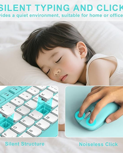 Wireless Keyboard and Mouse Combo, Full-Sized Quiet Wireless Keyboard and Adjustable DPI Mouse, 2.4GHz USB Receiver, Keyboard and Mouse for PC, Windows, Desktop, Laptop (Tiffany Blue and White-B)