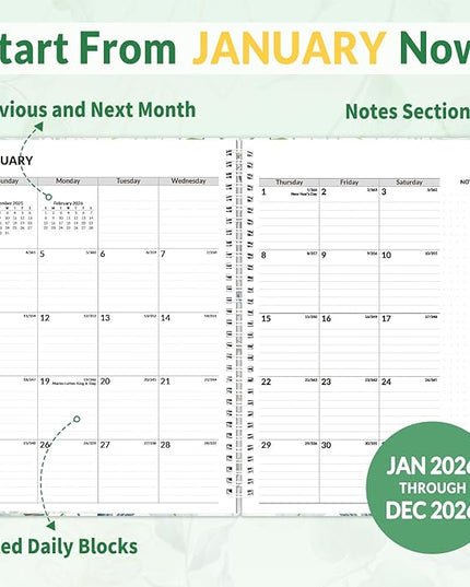 SUNEE 2026 Appointment Book 15-Minute Time Block - Daily, Weekly & Monthly Spiral Planner with Note Section - Thick Paper, Lay-Flat Bound - 8.5 x 11 for Office, School, Men & Women, Greenery