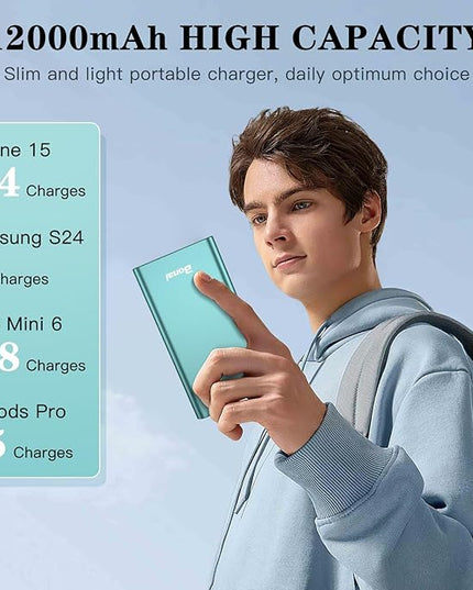 BONAI Portable Charger 12,000mAh 5V/3A Fast Charging Power Bank, Dural Input & Output Ports (USB-C in & Out) Portable Phone Charger for iPhone 17/16/15/14/13/12 Series Galxy Android iPad etc - Mint