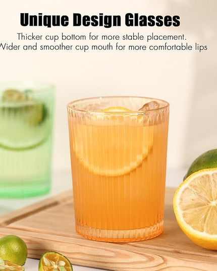 Ribbed Juice Glasses 10 oz. Set Of 6 Glass Cups - Drinking Beverage Tumblers for Soda, Water, Milk, Coke, and Spirits, Durable Heavy Bottom Juice Glassware-For Home and Bars