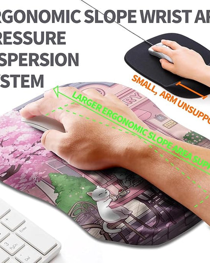 Ergonomic Slope Mouse Pad Wrist Support, Wrist Rest Mousepad for Carpal Tunnel Pain Relief with Massage Bulge and Slow Rebound Memory Foam (12x8 inch, Cat Bakery)