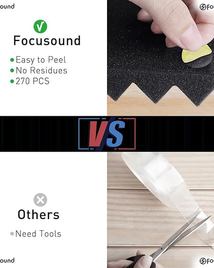 Focusound 50 Pack Acoustic Foam Panels 1" x 12" x 12" Sound Proof Foam Panles Soundproofing Noise Cancelling Wedge Panels for Home Office Recoding Studio with 300PCS Double-Side Adhesive