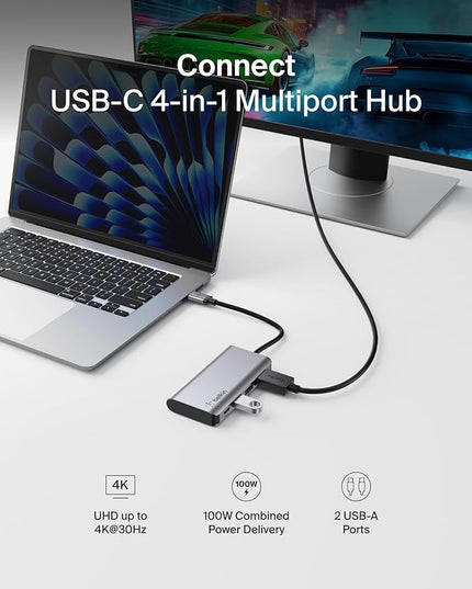Belkin USB C Hub, 4-in-1 Multi-Port Laptop Dock with 4K HDMI, USB C Docking Station with 100 Watt Pass-Through Power Delivery, 2 X USB A Ports For MacBook Pro, Air, iPad Pro, Chromebook and More