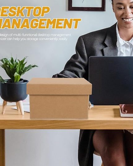 Uonlytech Thickened Kraft Paper Storage Box with Lid, Portable Desktop Organizer for Documents and Sundries, Versatile Office and Home Storage Container
