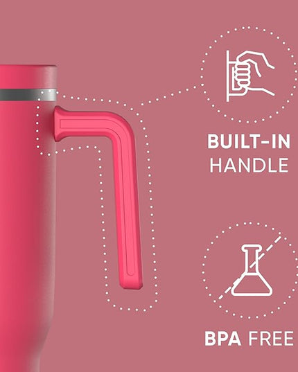 Hydrapeak Voyager 40 Oz Stainless Steel Tumbler with Handle, Insulated Water Bottle With Straw & Lid, Cupholder Friendly Reusable Travel Mug (Hot Pink)