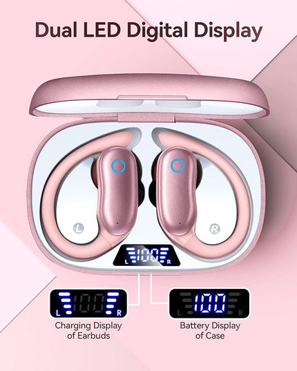 GNMN Active Noise Cancelling Ear Buds Wireless Earbuds 96hrs Playback Bluetooth Headphones Dual Battery Display Stereo Bass Earphones with Earhooks Microphone IPX7 Waterproof for Sports/Workout