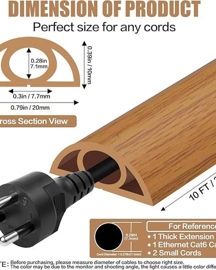 Floor Cord Cover Self Adhesive Cord Hider,10FT Cable Management, Extension Strip Protector for Wires, Prevent Cable Trips for Offices, Gyms, Exhibitions Cavity:0.3"(W) x 0.28"(H) Brown Wood