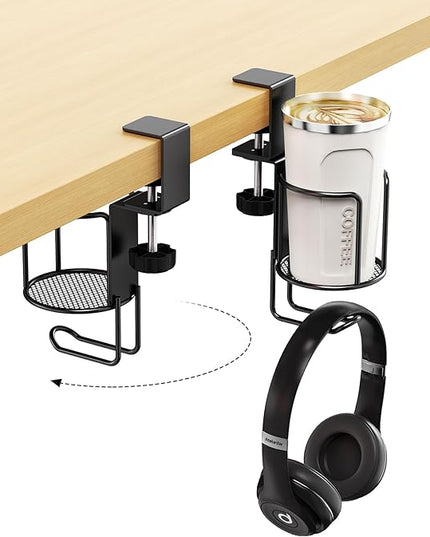2 Pack 2 in 1 Desk Mug Hooks with Headphone Hanger Holder, Anti-Spill Clip-On Table Mug Hooks with 360° Rotation for Lawn Chair, Office Home Gaming Table
