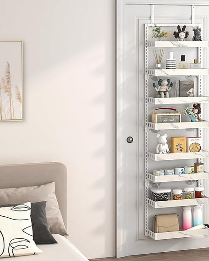 bukfen Over the Door Pantry Organizer,8-Tier Adjustable Basket Kitchen Pantry Door Organization and Storage, Heavy-Duty Metal Hanging Kitchen Spice Rack,D6.3 x W17.32 x H66.93 inch,White Marble Color
