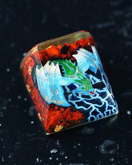 Blue Dragon with Volcano Artisan Keycap R1 SA Profile Custom Fantasy Dragon Keycaps 1U ESC Handmade Gaming Resin Key Cap Cherry MX Switch Compatible Mechanical Keyboard Dragon Lover Gift