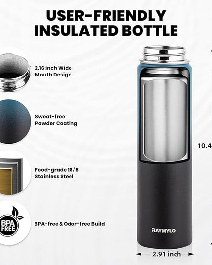 Insulated Water Bottle 24oz, Triple Wall Vacuum Stainless Steel (Cold for 48 Hrs, Hot for 24Hrs), Leak Proof & Non-BPA, 24oz Hydro Water Flask with Paracord Handle & Straw Spout Lids