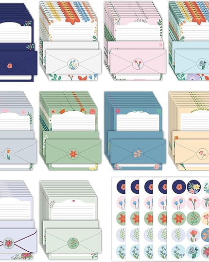 EggSun 250Pcs Cute Stationery Paper and Envelope Set with 100 Letterhead Papers and 50 Envelopes,10 Design for Letter Writing Invitations Computer Holidays Party Notes, 8.5x11 Inch- Lined Flower