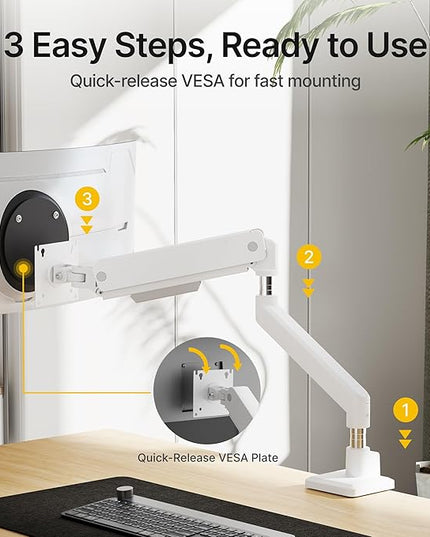 monTEK Single Monitor Arm for Max 45 Inch Ultrawide Screens Adjustable Monitor Desk Mount Holds 35 Lbs Cable Management with C Clamp/Grommet Desk Mount, VESA 75/100mm, MA1007WH