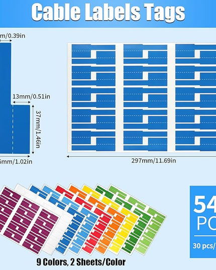 540 pcs Cable Labels, 9 Colors Cord Label, Waterproof Cables Tags, Self Adhesive Wire Labels, Cables Tags Printable for Laser Printer and Handwriting, Electronics Cable Management