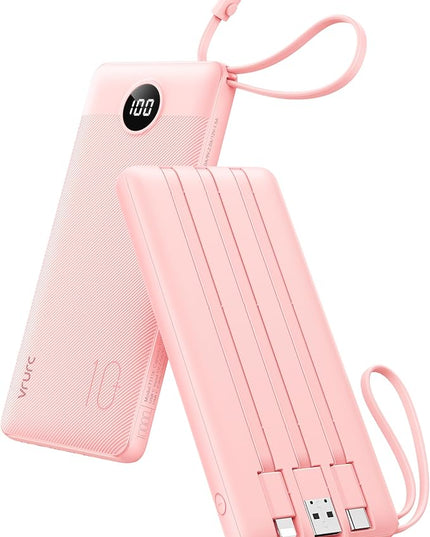VRURC Portable Charger Power Bank, 10000mAh Travel Essentials Battery Pack, 5 Outputs 2 Inputs Slim Charging Bank Built-in Cables Cords Wires Compatible with iPhone,Samsung,Android-Pink(1 Pack)