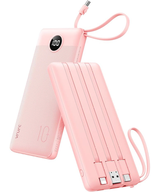 VRURC Portable Charger Power Bank, 10000mAh Travel Essentials Battery Pack, 5 Outputs 2 Inputs Slim Charging Bank Built-in Cables Cords Wires Compatible with iPhone,Samsung,Android-Pink(1 Pack)
