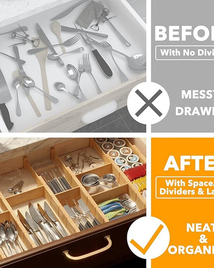 SpaceAid Bamboo Drawer Dividers with Inserts and Labels, Kitchen Adjustable Drawer Organizers, Expandable Organization for Home, Office, Dressers, 7 Dividers with 15 Inserts (17"-22" Natural)