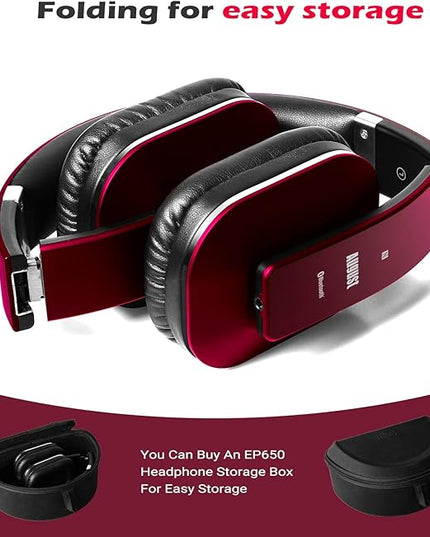 August EP650 Bluetooth Wireless Over-Ear Headphones with aptX Low Latency, NFC, Multipoint Pairing, Wired Option, Built-in Microphone - Red