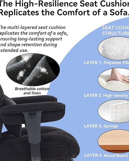 Efomao Executive Office Chair, Soft-Cushioned Computer Chair with Foot Rest, Fabric Home Office Desk Chairs, Big and Tall Office Chairs, Black