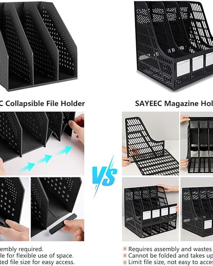 SAYEEC 1Pcs Collapsible Plastic Magazine File Holder Vertical Binder Storage Organizer for Desk Sturdy Upright Desktop Magazine Organizer Folder Rack for Office School Home (3 Compartments, Black)