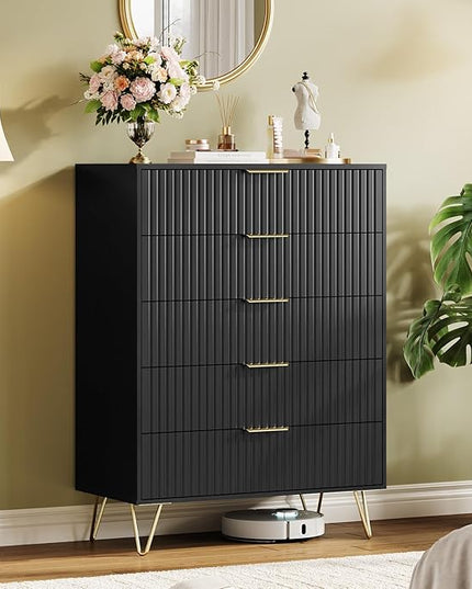 Garvee Fluted Dresser for Bedroom with 5 Drawers,32" Wide Modern Chest of Wooden Bedroom Chest with Metal Handle,Wide Clothes Storage Organizer,Closet Dresser & TV Stand for Living Room,Hallway,Black