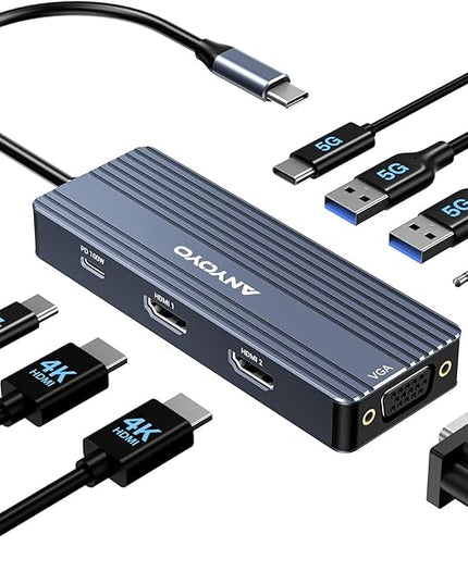 ANYOYO USB C Docking Station Dual HDMI Monitor Adapter 8-in-1 USB C HUB 3 Monitors Adapter with 4K HDMI +VGA +PD100W+Audio Laptop Docking Station for Dell/Lenovo/HP/Samsung/ASUS (Gary)