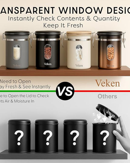 Veken Coffee Sugar Canister with Window, Airtight Stainless Steel Kitchen Food Storage Container with Lids, Date Tracker and Scoop for Grounds Coffee, Beans, Tea, Flour, Cereal Jars, 16OZ, Cream