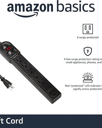Amazon Basics Surge Protector Power Strip, 6-Outlet, 790 Joules, Circuit Breaker, LED Indicator Light, 6ft Extension Cord, Black
