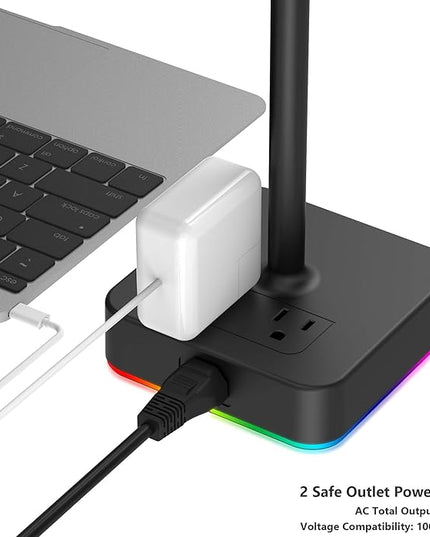 KAFRI RGB Headphone Stand with USB A&C Charger Desk Gaming Headset Holder Hanger Rack with 3 USB Charging Port and 2 Outlet - Suitable for Gamer Desktop Table Game Earphone Accessories Boyfriend Gifts