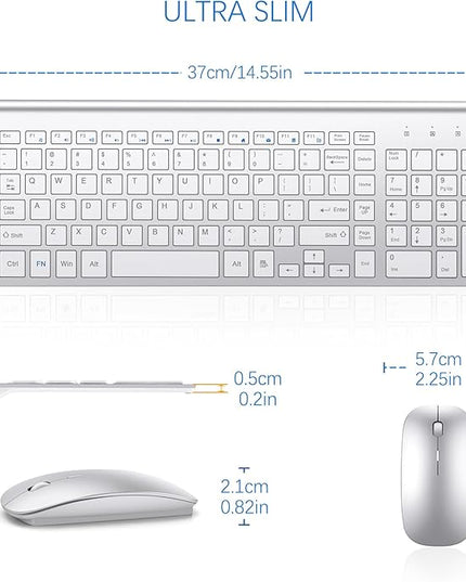Wireless Keyboard and Mouse Ultra Slim Combo, TopMate 2.4G Silent Compact USB 2400DPI Mouse and Scissor Switch Keyboard Set with Cover, Batteries Included, for PC/Laptop/Windows/Mac - Silver White
