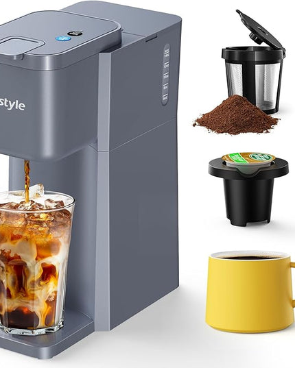 Mini Hot and Iced Coffee Maker Single Serve, for K Cup and Ground, 6 to 14 Oz Brew Sizes, with Recipe Book, for Home, Travel, RV, Office and Dorm, Elegant Gray